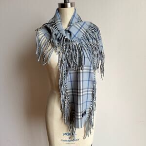 BURBERRY LONDON Blue Nova Check Double-Fringe Cashmere Scarf